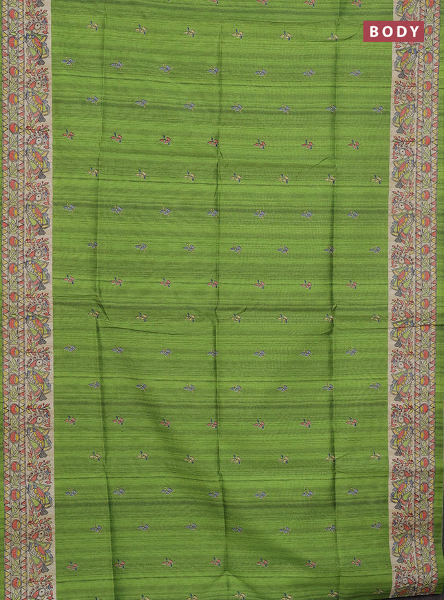 Semi tussar saree light green and beige with butta prints and madhubani printed pallu