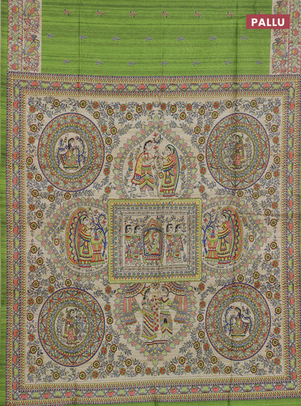 Semi tussar saree light green and beige with butta prints and madhubani printed pallu