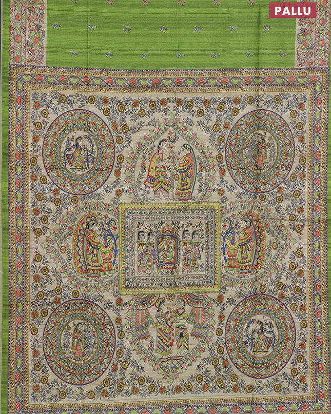 Semi tussar saree light green and beige with butta prints and madhubani printed pallu