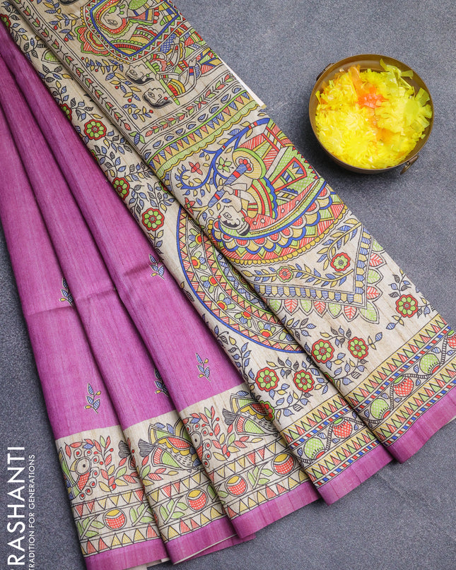 Semi tussar saree lavender and beige with butta prints and madhubani printed pallu