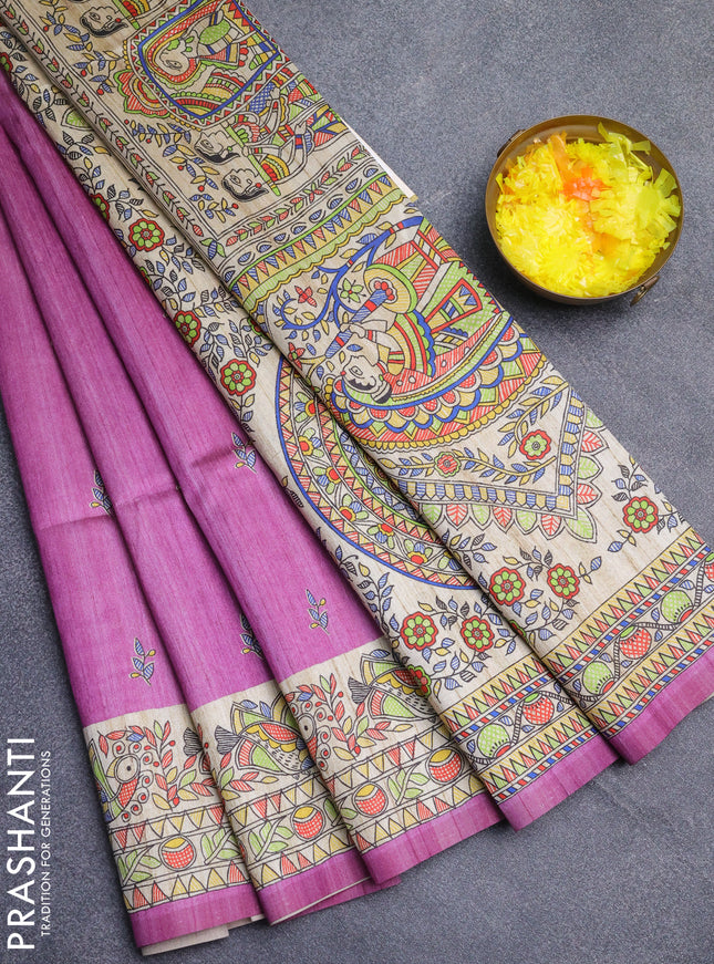 Semi tussar saree lavender and beige with butta prints and madhubani printed pallu