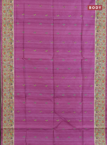 Semi tussar saree lavender and beige with butta prints and madhubani printed pallu