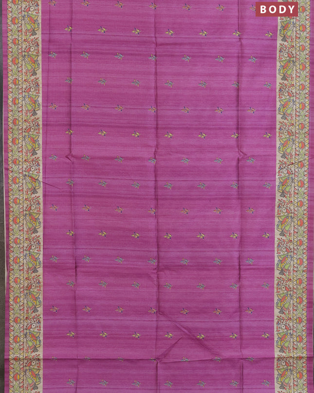 Semi tussar saree lavender and beige with butta prints and madhubani printed pallu