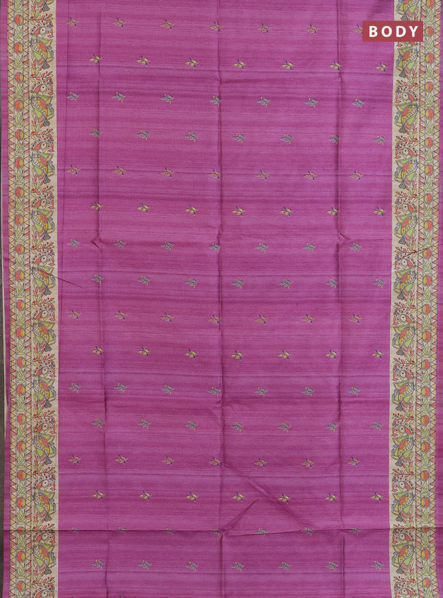 Semi tussar saree lavender and beige with butta prints and madhubani printed pallu