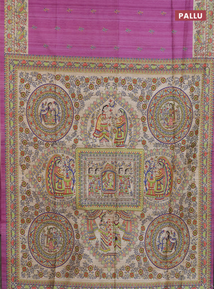 Semi tussar saree lavender and beige with butta prints and madhubani printed pallu