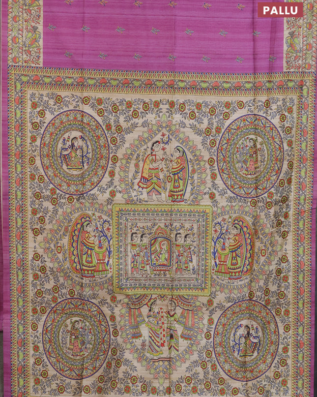 Semi tussar saree lavender and beige with butta prints and madhubani printed pallu