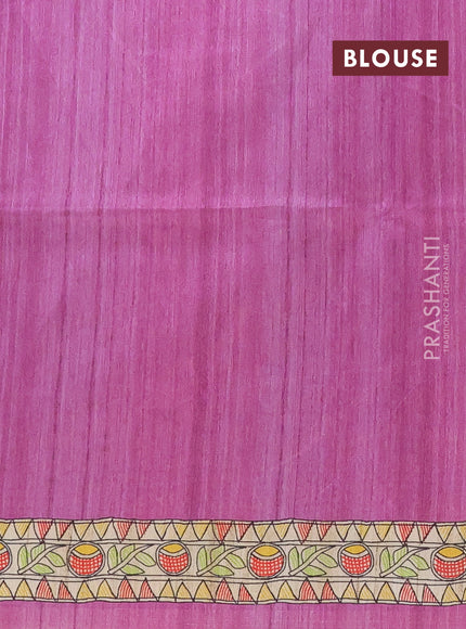 Semi tussar saree lavender and beige with butta prints and madhubani printed pallu