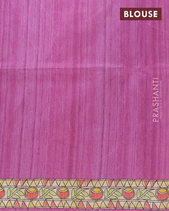 Semi tussar saree lavender and beige with butta prints and madhubani printed pallu
