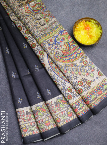Semi tussar saree elephant grey and beige with butta prints and madhubani printed pallu