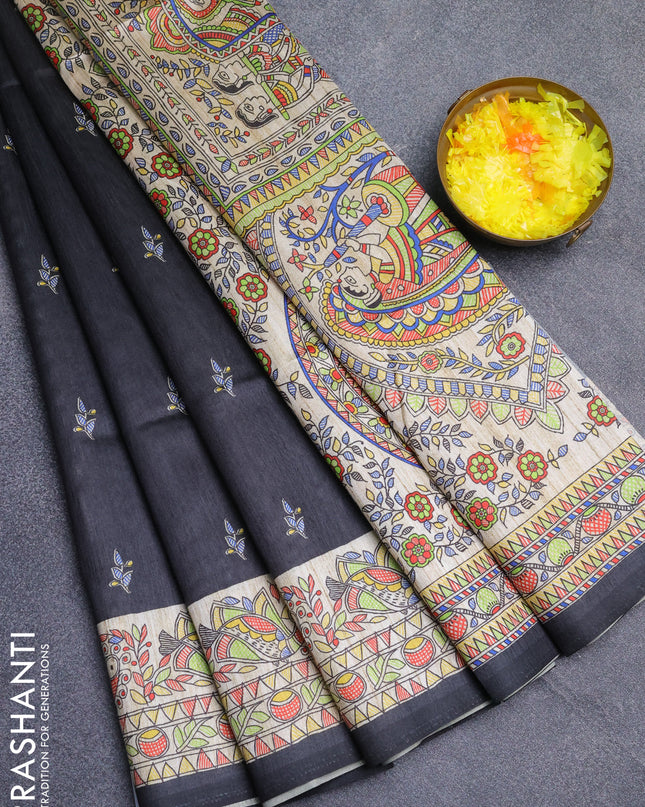 Semi tussar saree elephant grey and beige with butta prints and madhubani printed pallu