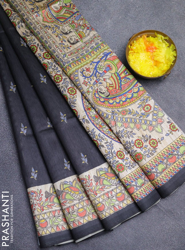 Semi tussar saree elephant grey and beige with butta prints and madhubani printed pallu