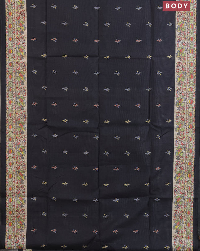 Semi tussar saree elephant grey and beige with butta prints and madhubani printed pallu