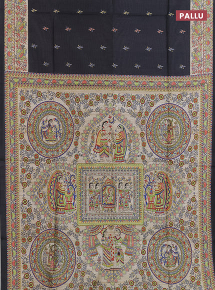 Semi tussar saree elephant grey and beige with butta prints and madhubani printed pallu