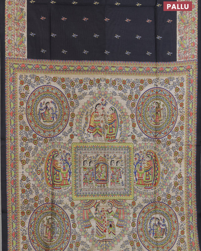 Semi tussar saree elephant grey and beige with butta prints and madhubani printed pallu