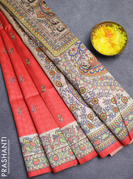Semi tussar saree red and beige with butta prints and madhubani printed pallu