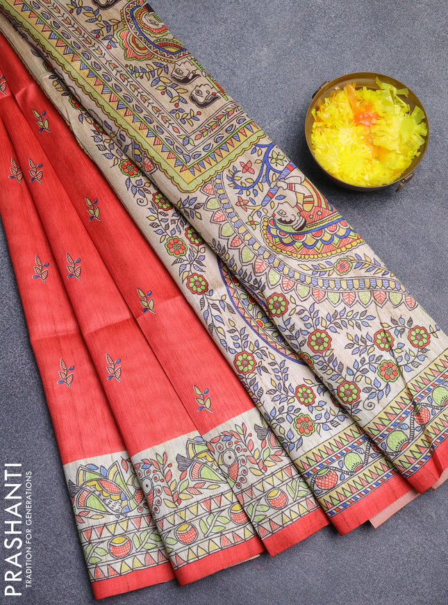 Semi tussar saree red and beige with butta prints and madhubani printed pallu