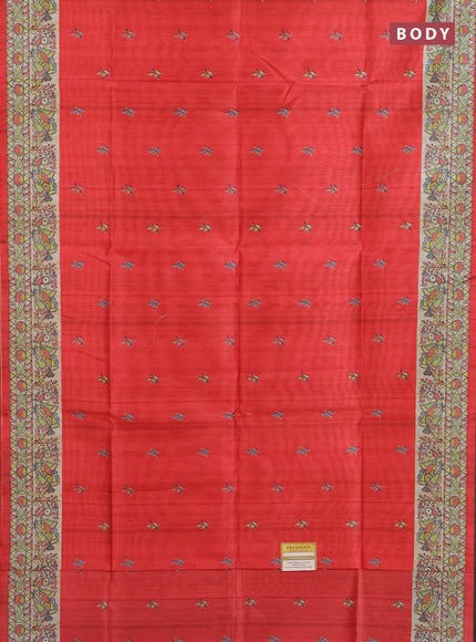 Semi tussar saree red and beige with butta prints and madhubani printed pallu