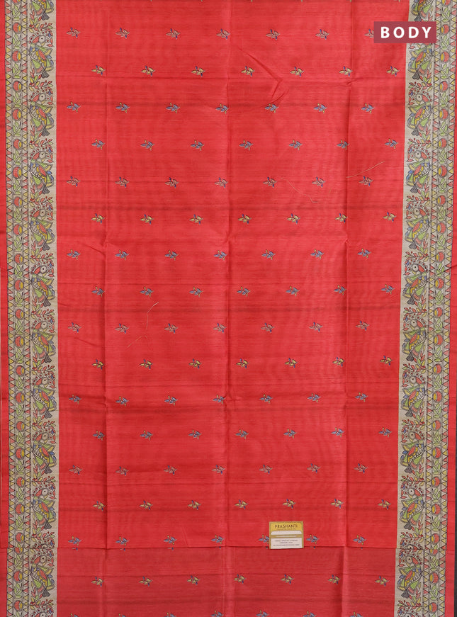 Semi tussar saree red and beige with butta prints and madhubani printed pallu