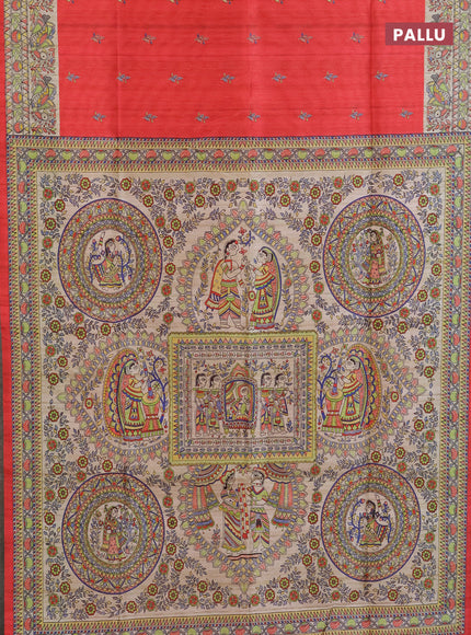 Semi tussar saree red and beige with butta prints and madhubani printed pallu