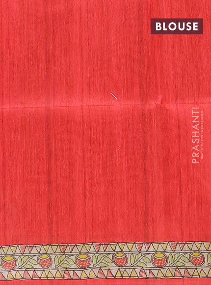 Semi tussar saree red and beige with butta prints and madhubani printed pallu