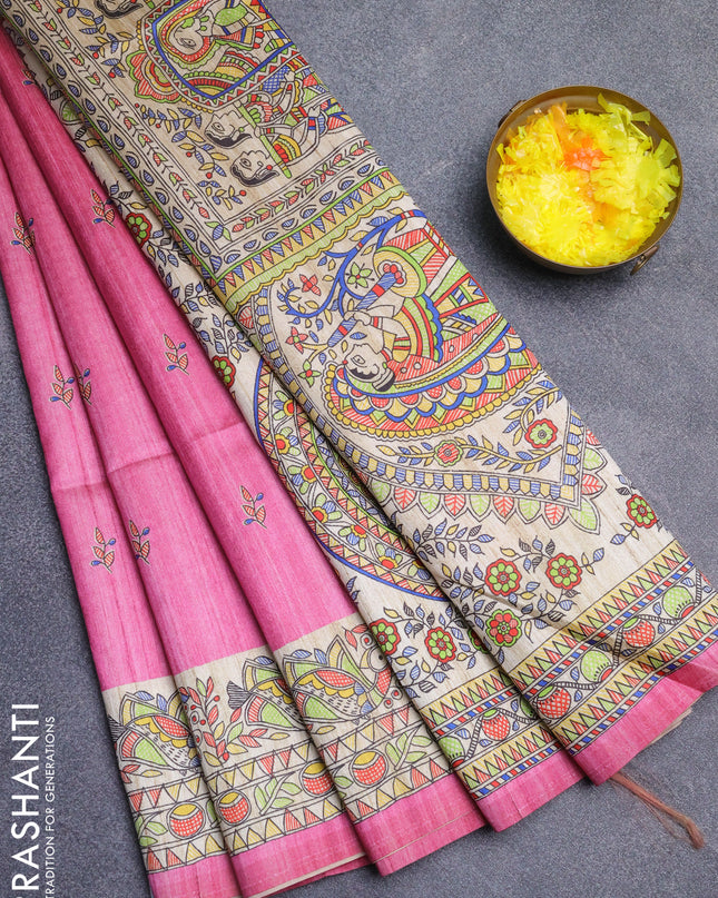 Semi tussar saree light pink and beige with butta prints and madhubani printed pallu
