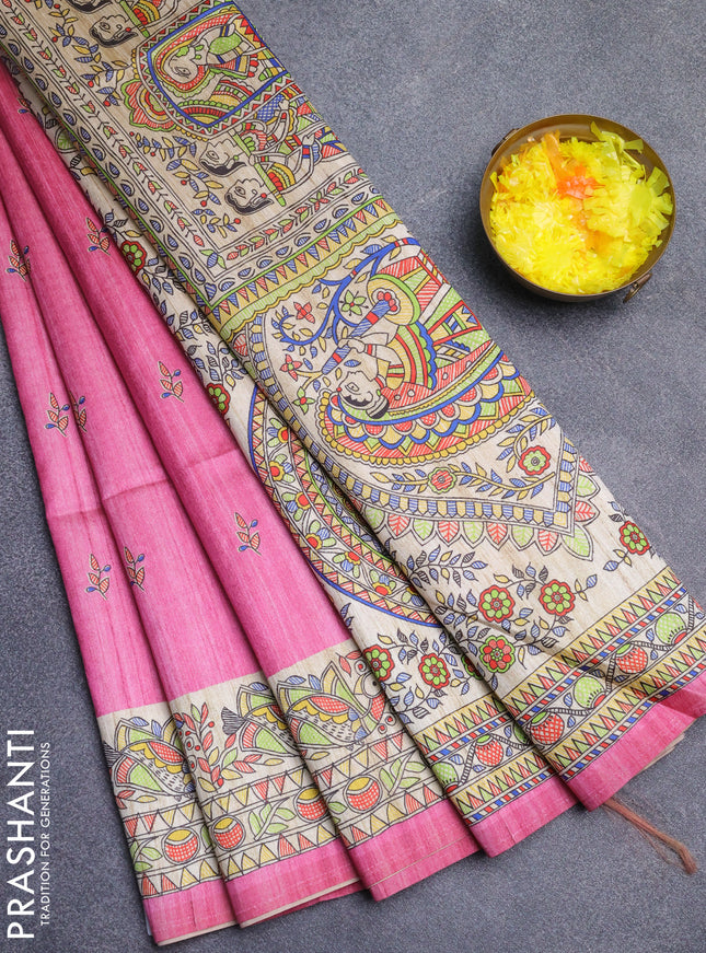 Semi tussar saree light pink and beige with butta prints and madhubani printed pallu
