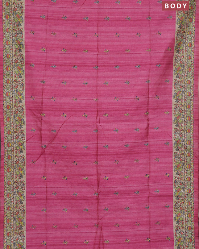 Semi tussar saree light pink and beige with butta prints and madhubani printed pallu