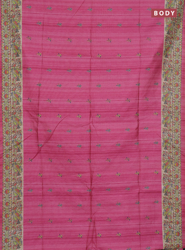 Semi tussar saree light pink and beige with butta prints and madhubani printed pallu