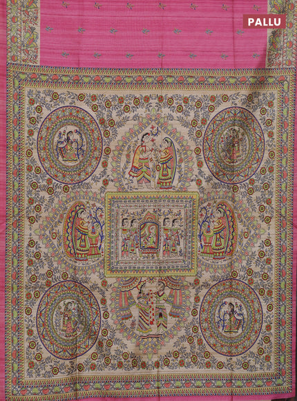Semi tussar saree light pink and beige with butta prints and madhubani printed pallu