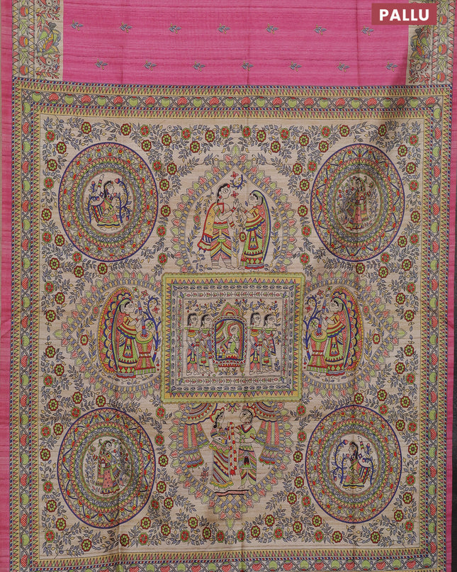 Semi tussar saree light pink and beige with butta prints and madhubani printed pallu