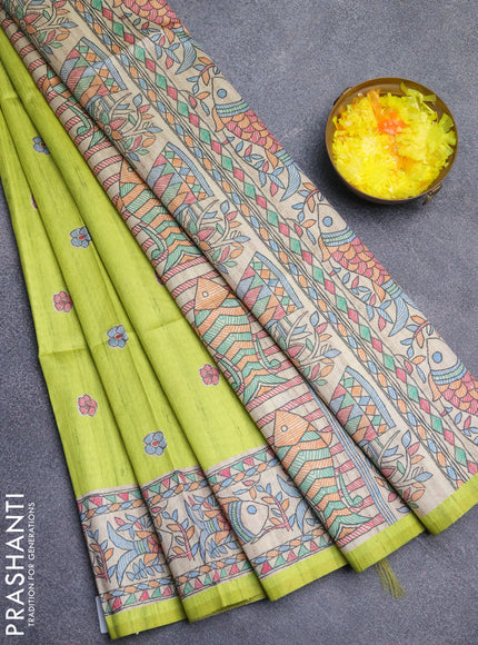 Semi tussar saree fluorescent green and beige with butta prints and madhubani printed pallu