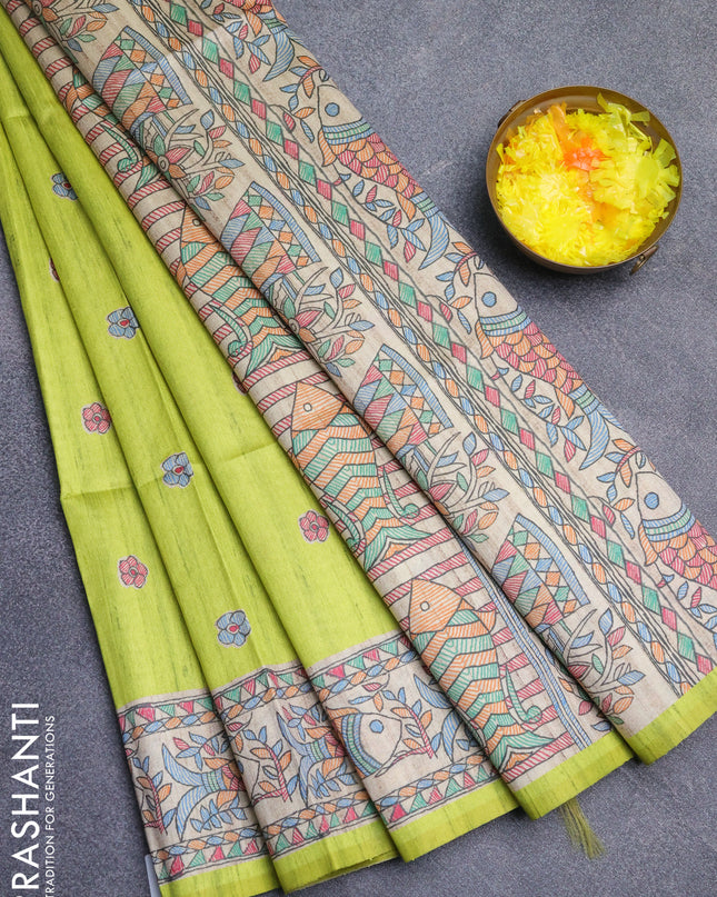 Semi tussar saree fluorescent green and beige with butta prints and madhubani printed pallu