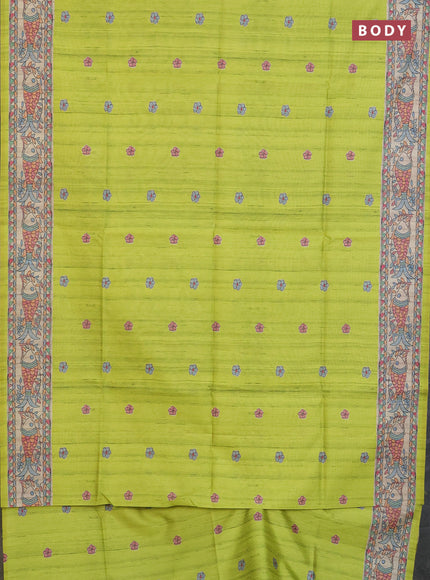 Semi tussar saree fluorescent green and beige with butta prints and madhubani printed pallu