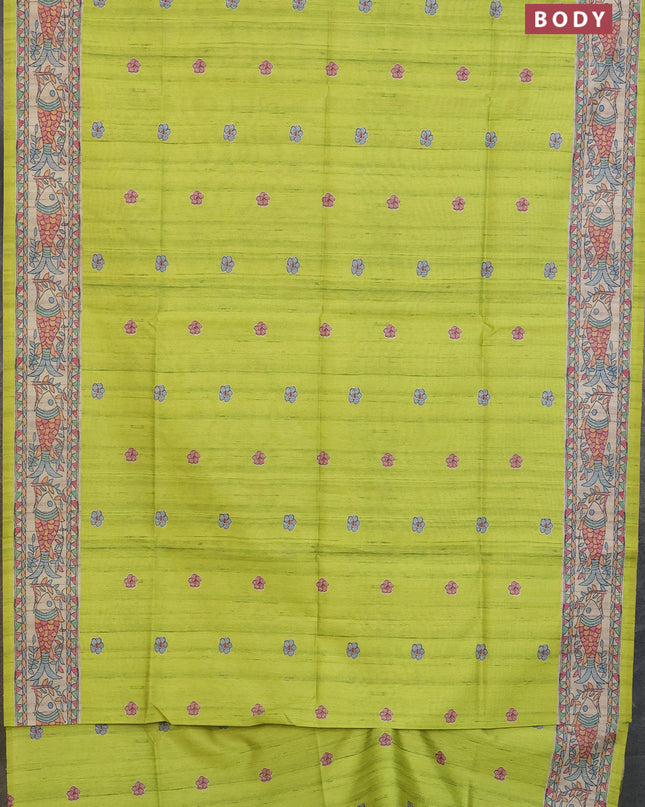 Semi tussar saree fluorescent green and beige with butta prints and madhubani printed pallu