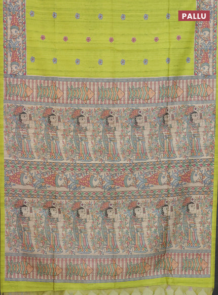 Semi tussar saree fluorescent green and beige with butta prints and madhubani printed pallu