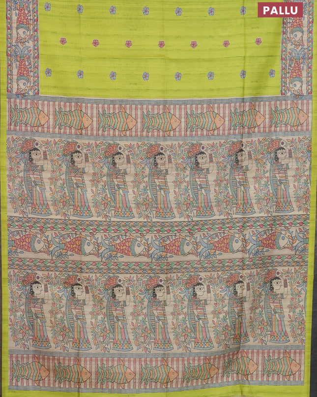 Semi tussar saree fluorescent green and beige with butta prints and madhubani printed pallu