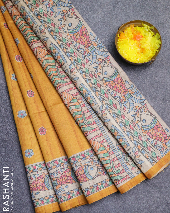 Semi tussar saree mustard yellow and beige with butta prints and madhubani printed pallu