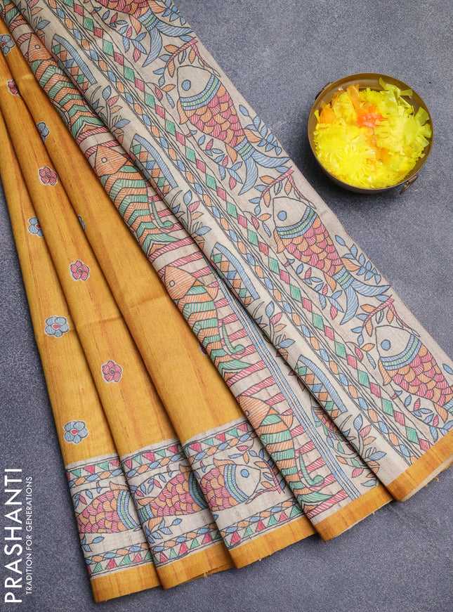 Semi tussar saree mustard yellow and beige with butta prints and madhubani printed pallu