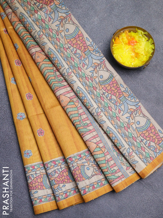 Semi tussar saree mustard yellow and beige with butta prints and madhubani printed pallu