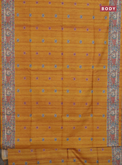 Semi tussar saree mustard yellow and beige with butta prints and madhubani printed pallu