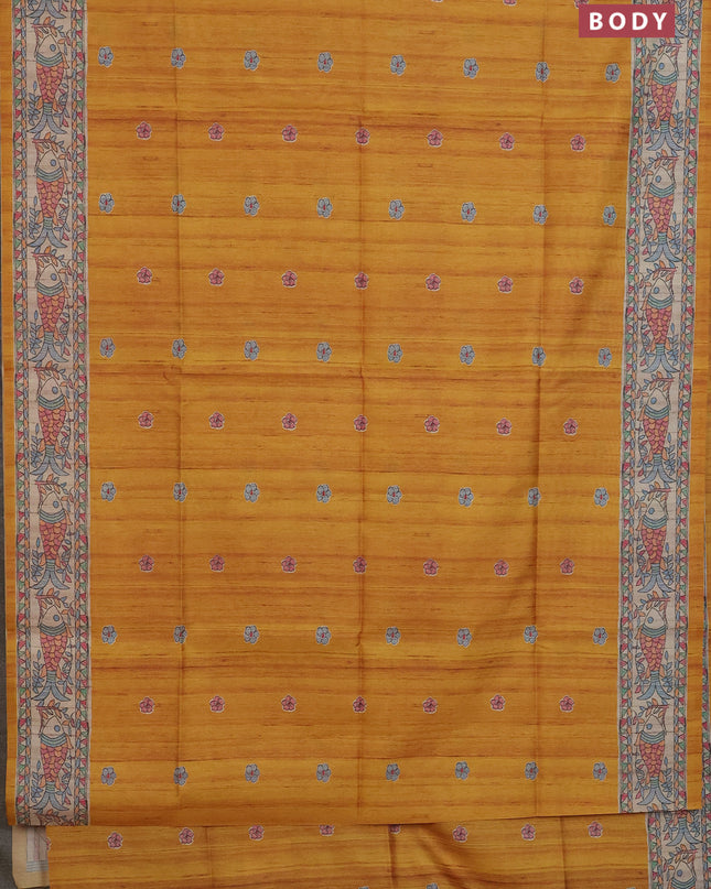 Semi tussar saree mustard yellow and beige with butta prints and madhubani printed pallu