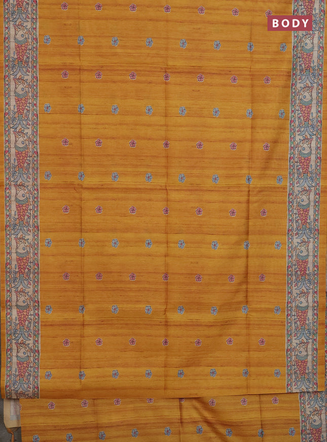 Semi tussar saree mustard yellow and beige with butta prints and madhubani printed pallu