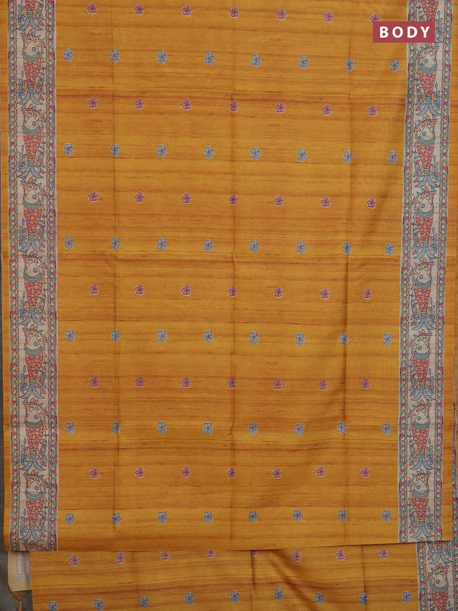 Semi tussar saree mustard yellow and beige with butta prints and madhubani printed pallu