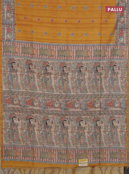Semi tussar saree mustard yellow and beige with butta prints and madhubani printed pallu