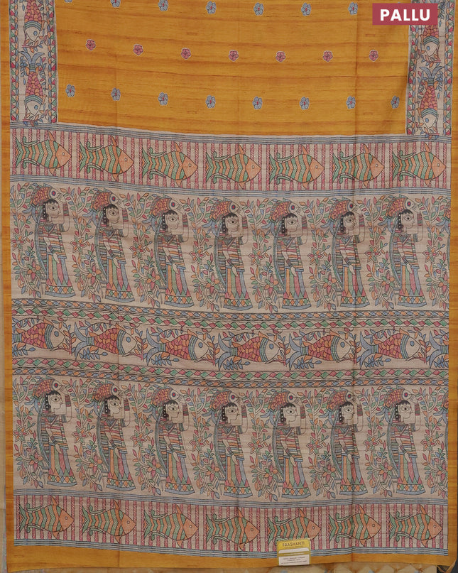 Semi tussar saree mustard yellow and beige with butta prints and madhubani printed pallu