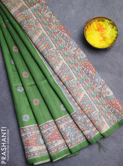 Semi tussar saree green and beige with butta prints and madhubani printed pallu