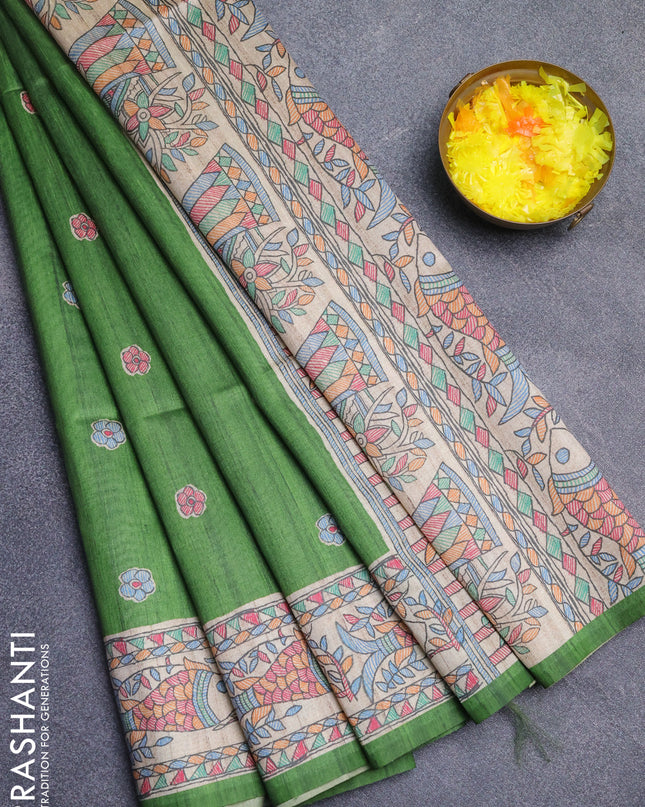 Semi tussar saree green and beige with butta prints and madhubani printed pallu