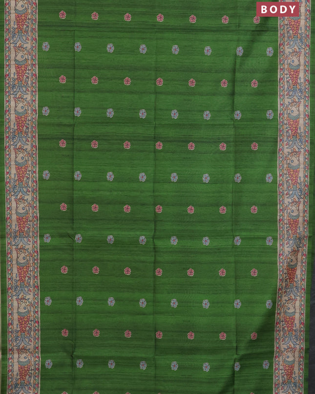 Semi tussar saree green and beige with butta prints and madhubani printed pallu
