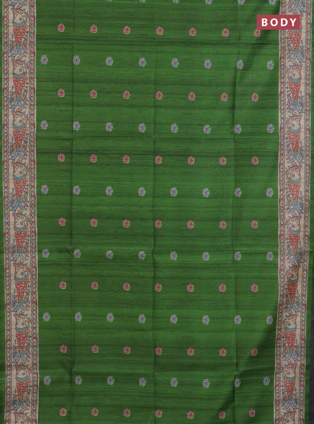 Semi tussar saree green and beige with butta prints and madhubani printed pallu