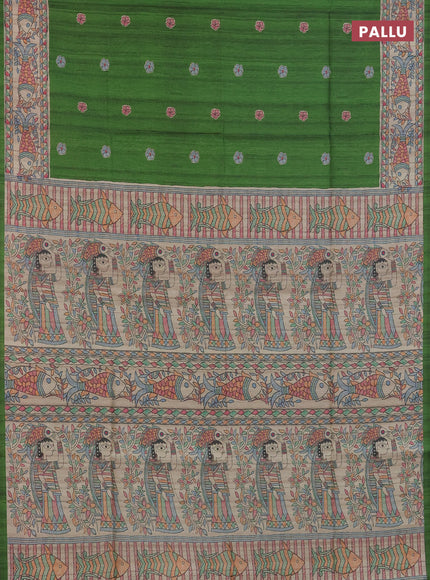 Semi tussar saree green and beige with butta prints and madhubani printed pallu